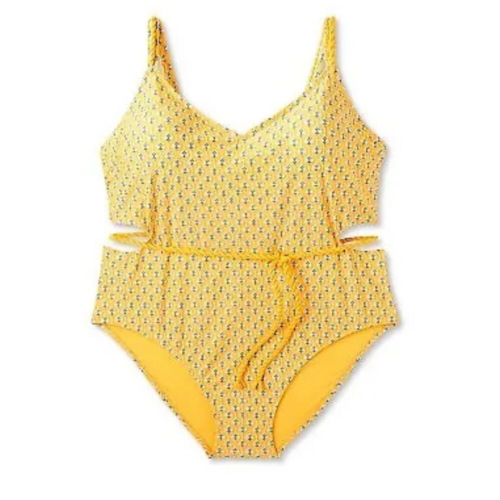 Nwt Rhode Women's One Piece Swimsuit Yellow Dainty Lotus Print Rope 1x